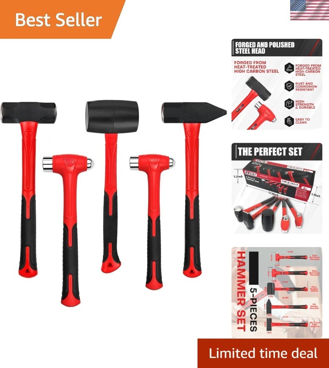 5-Piece Hammer Set, 16oz Ball Peen Hammer | 32oz Ball Peen Hammer | 32oz Rubb...