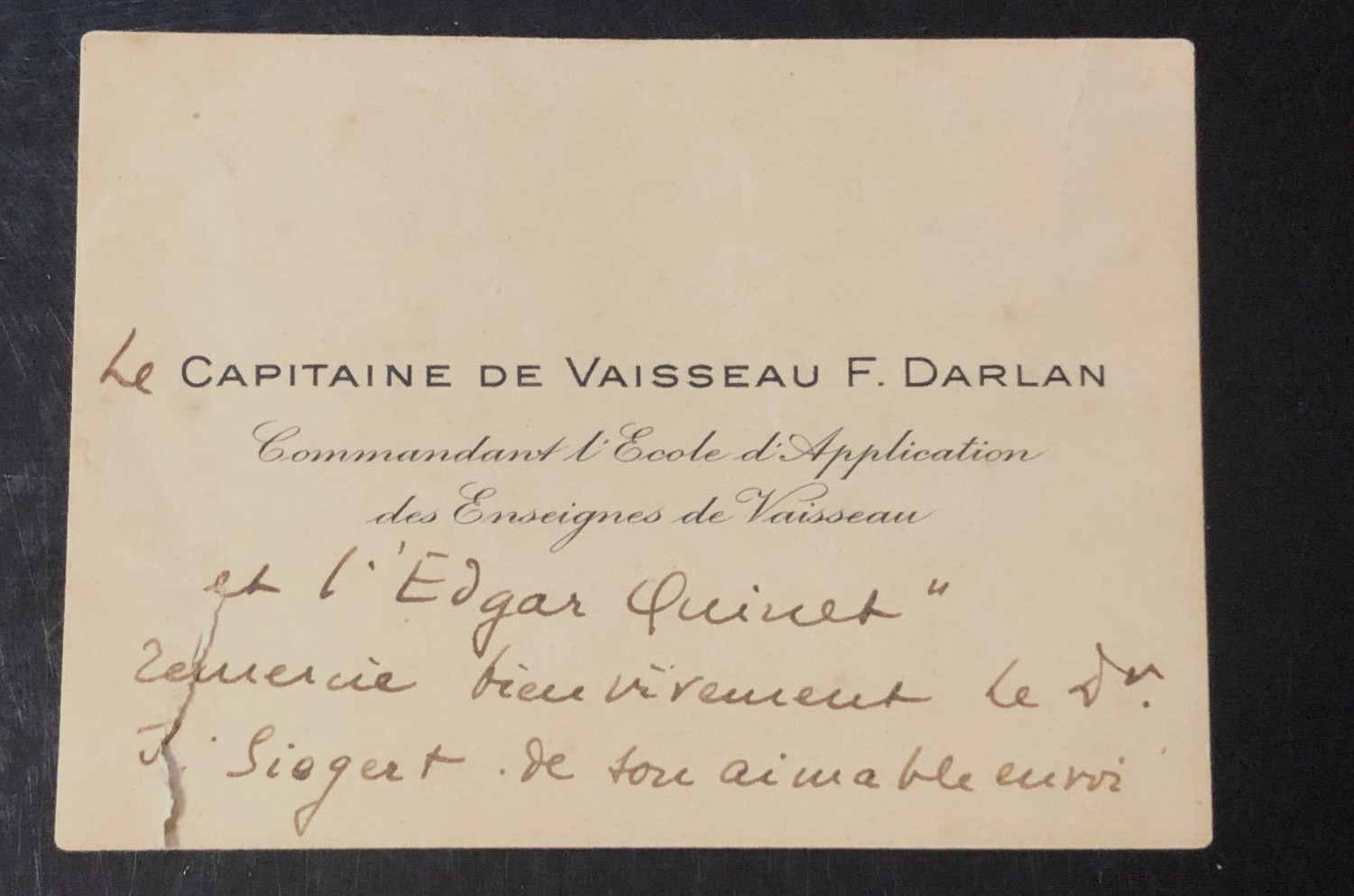 Admiral Francois Darlan Signed Card Autograph French Navy WWI Cruiser Quinet