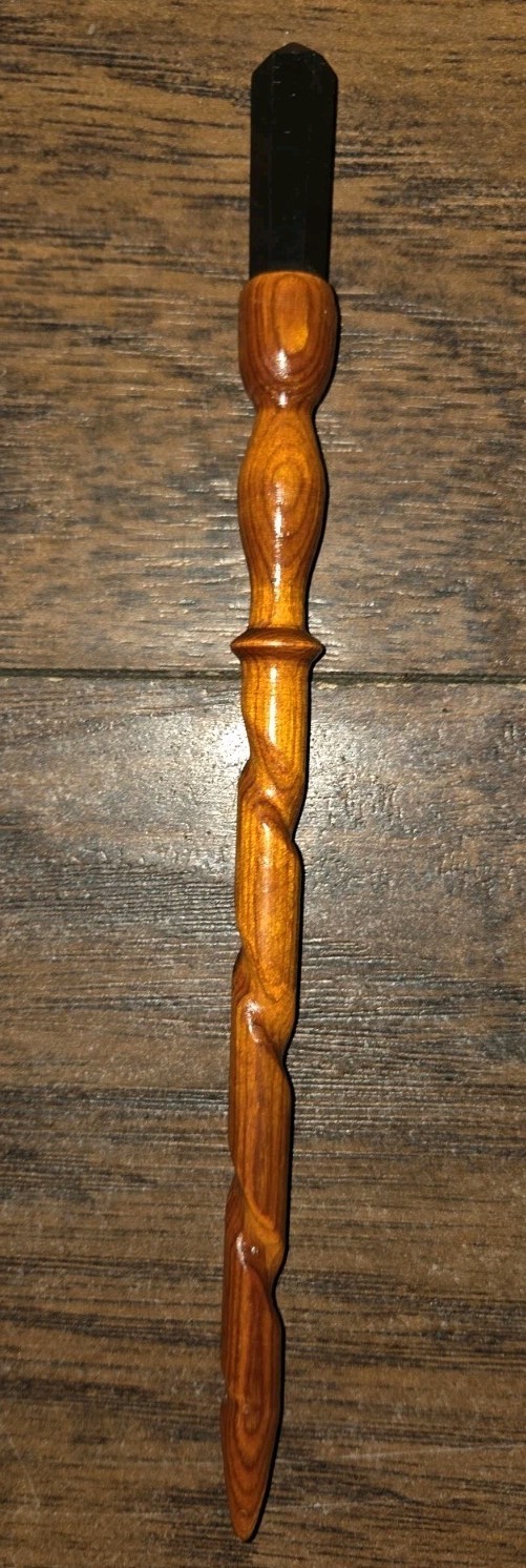 Handcrafted Wooden Wand with Black Crystal Point – Unique Artisan Ritual Tool