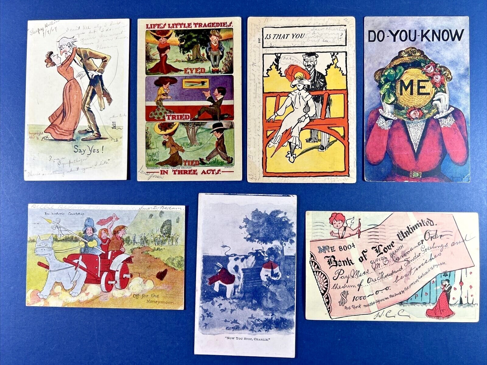 7 Humor, Couples Romance Greetings Antique Postcards. Comic Style. 5 UND backs 