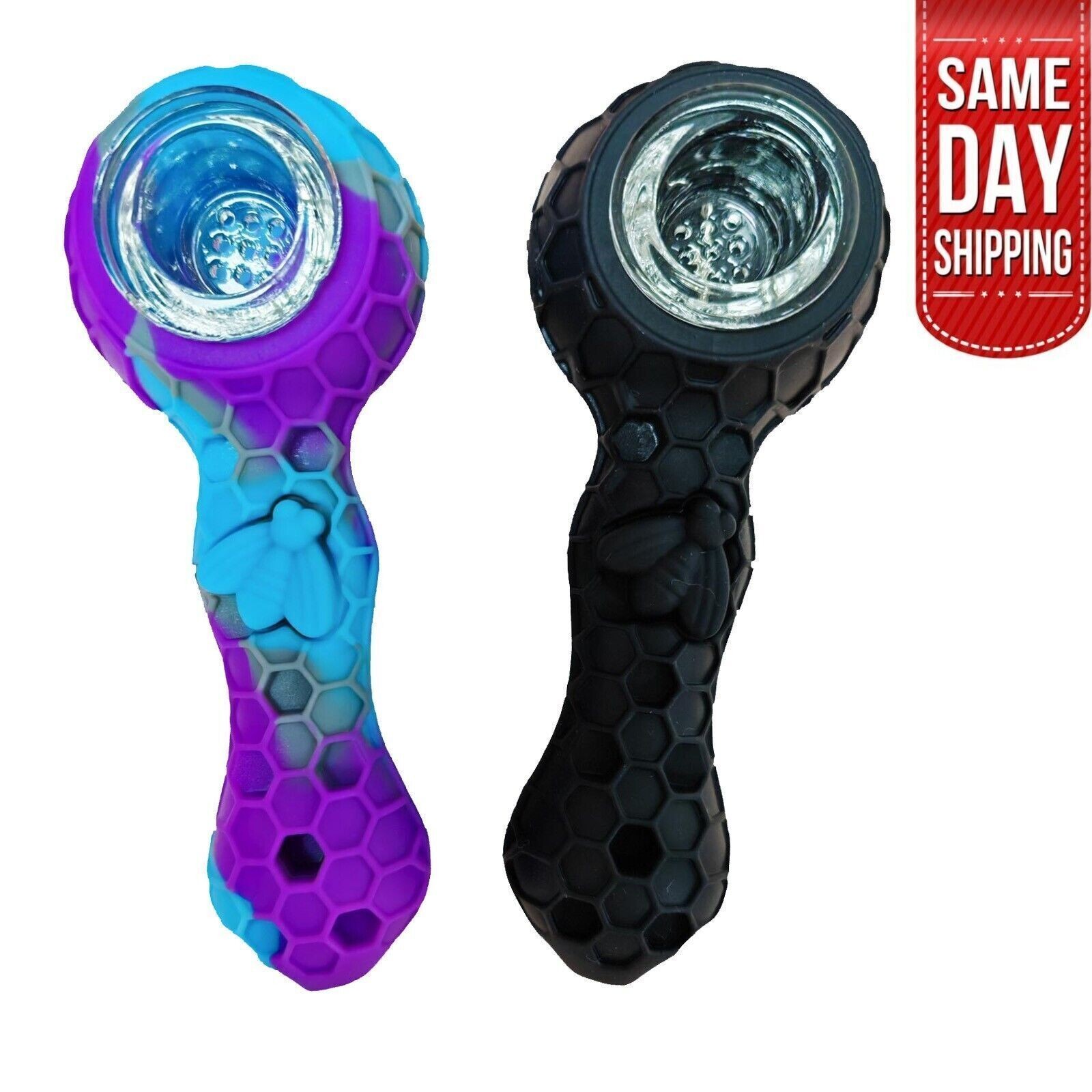 2 Pack Black and Blue Silicone Beehive Water Pipe w/ Glass Bowl Smoking Set