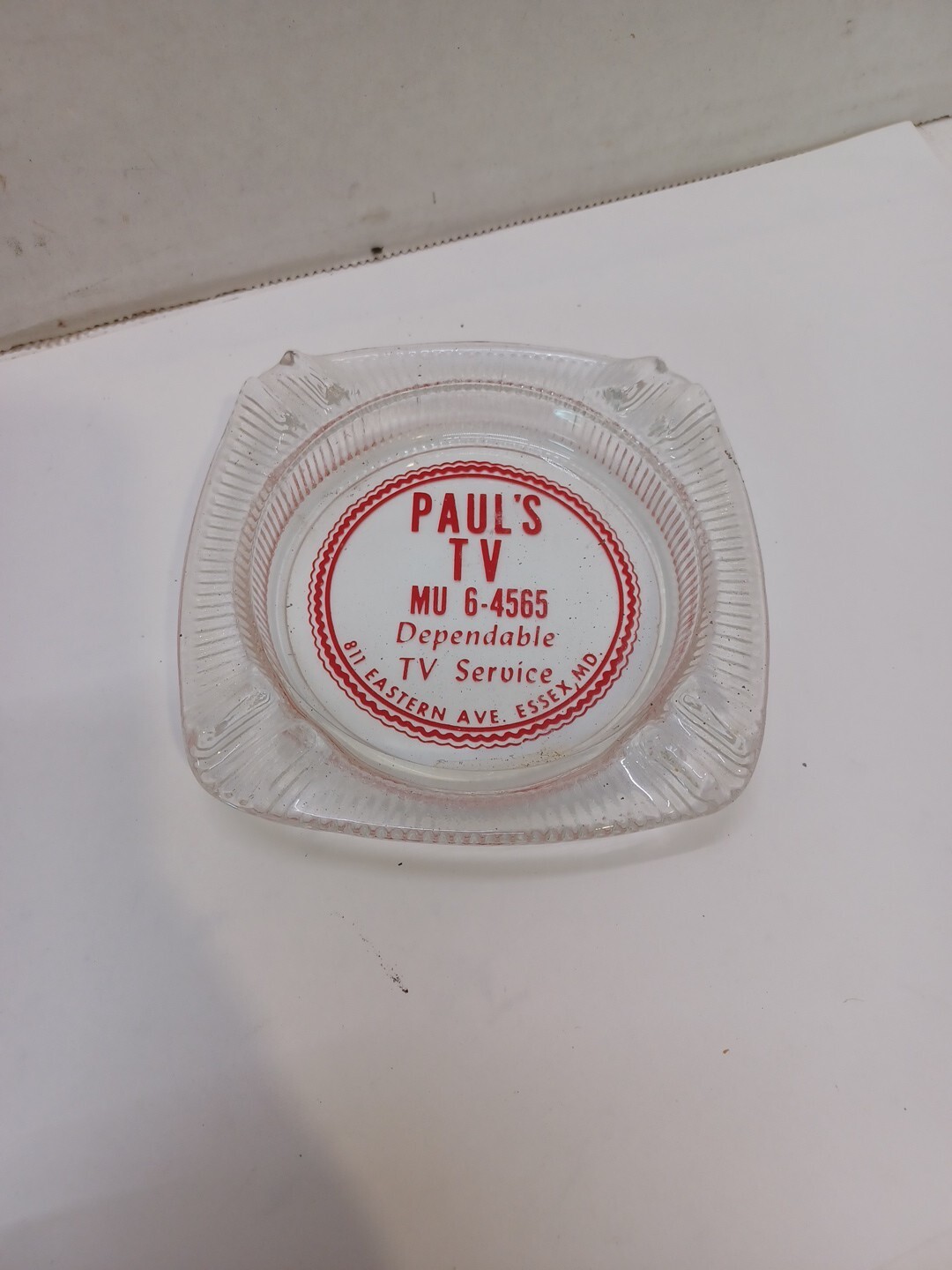 Vintage Glass Ashtray Advertising Paul's TV Essex MD. 1960s H2