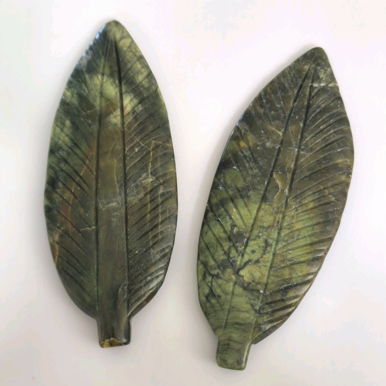 Lot Of 2 Polished Green Xiuyan Jade Feathers Feather 4.375\