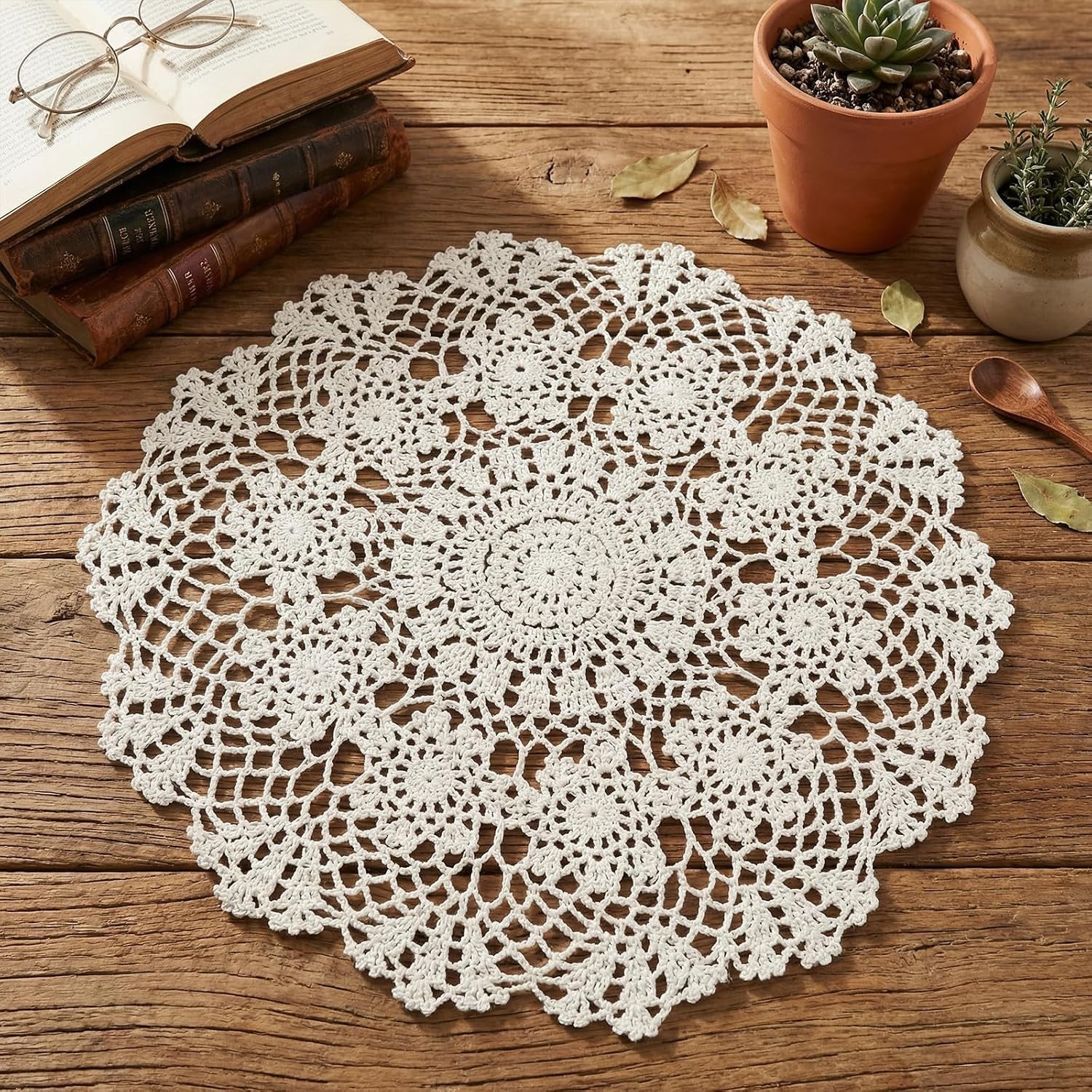 Dollies for Tables, 15.7 Inch Round Vintage Crochet Doilies, Large Cotton