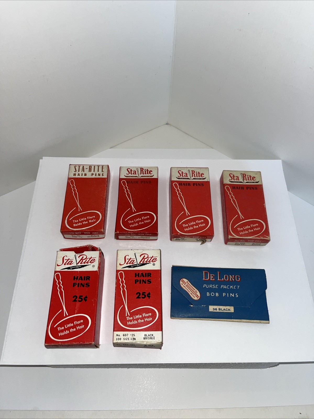 6 Vintage Sta Rite Hair Pins w/ Box The Little Flare Holds Hair & 1 DeLong