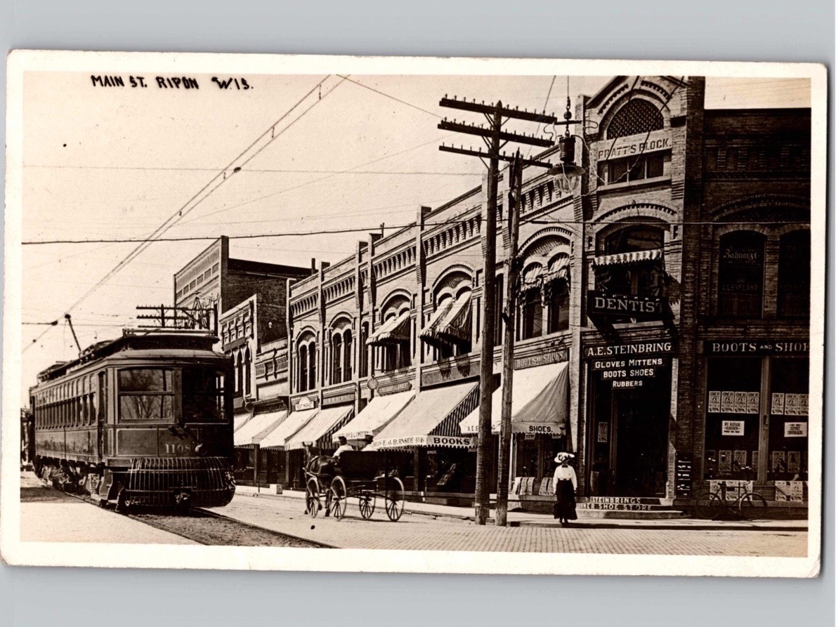 c1911 Main St Trolley Streetcar RIPON Wisconsin WI RPPC Real Photo Postcard