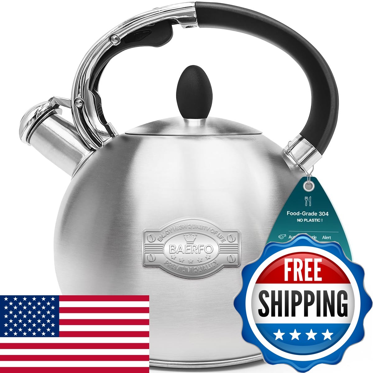 BAERFO Whistling Stovetop Tea Kettle 2.64 Qt 304 Stainless Steel Brushed BAERFO Whistling Stovetop Tea Kettle 2.64 Qt 304 Stainless Steel Brushed