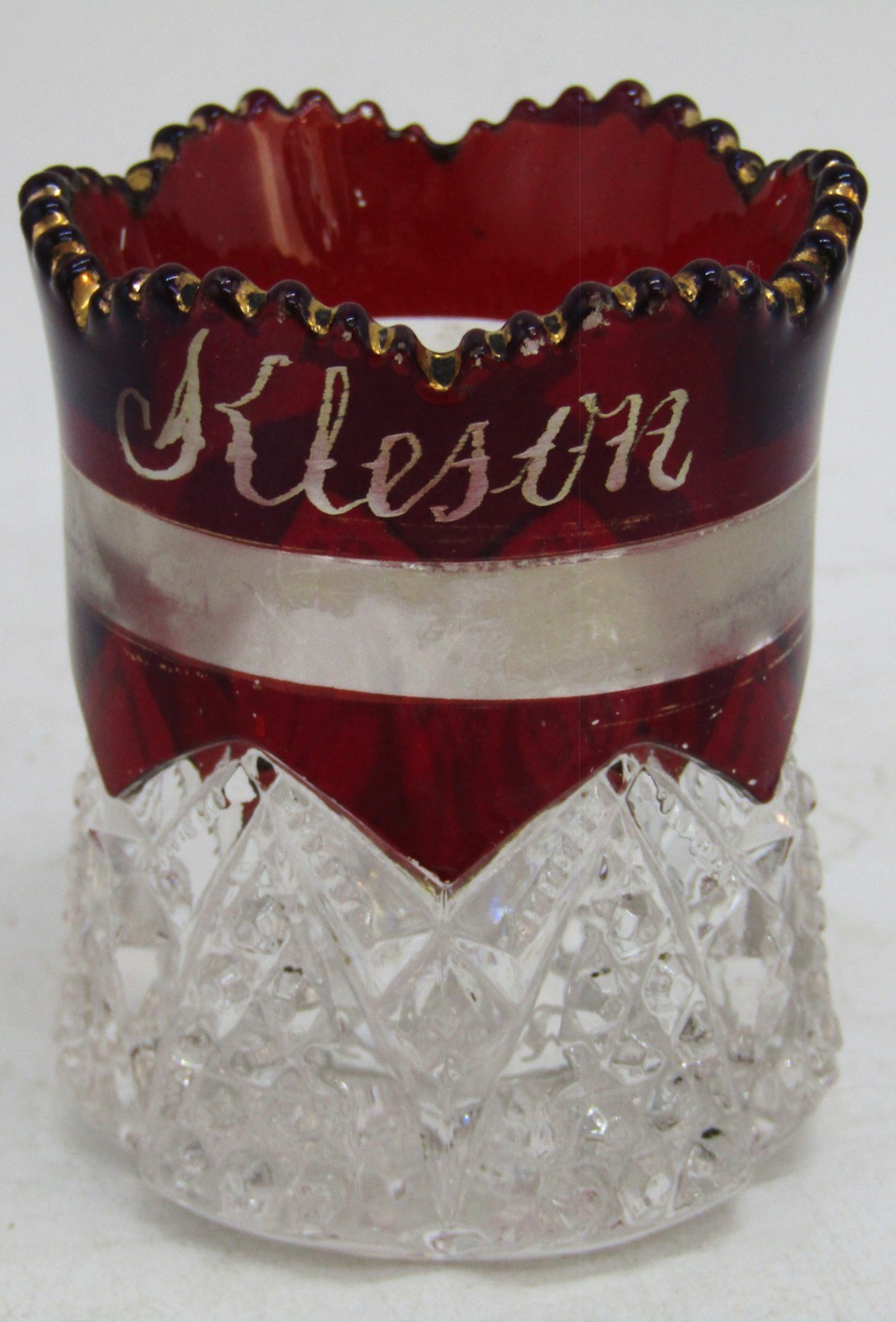 Antique Flashed Ruby Souvenir Glass Toothpick Holder, Etched \
