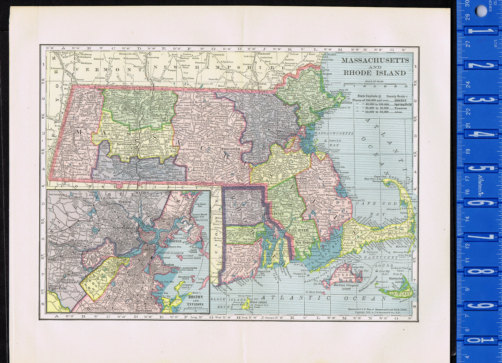 1904 MASSACHUSETTS & RHODE ISLAND - Antique State MAP