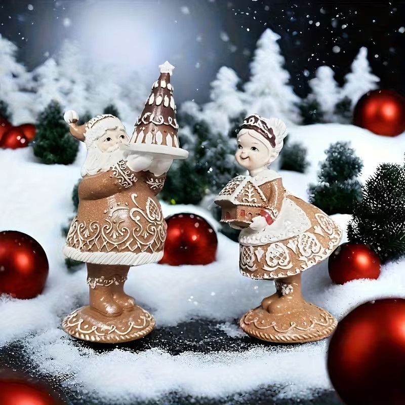 2PC Gingerbread Christmas decor Mrs. Claus or Santa Claus Resin Figurine Brown