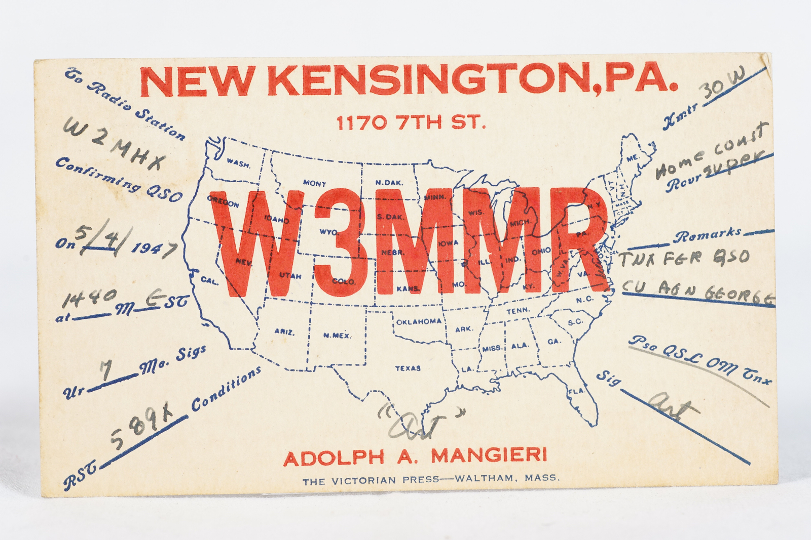 1947 Amateur Ham Radio QSL Card New Kensington PA W3MMR Adolph Mangieri