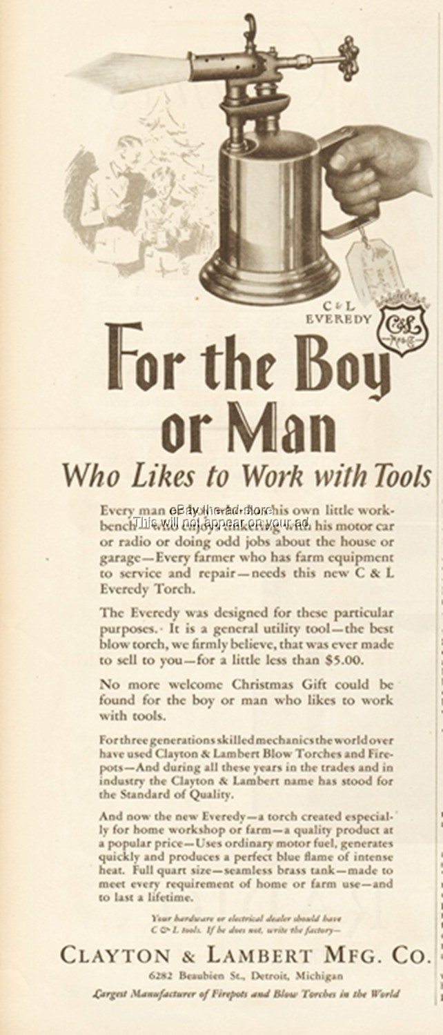 1927 Clayton & Lambert Vintage Ad Eveready Blow Torch C&L Detroit MI Ephemera