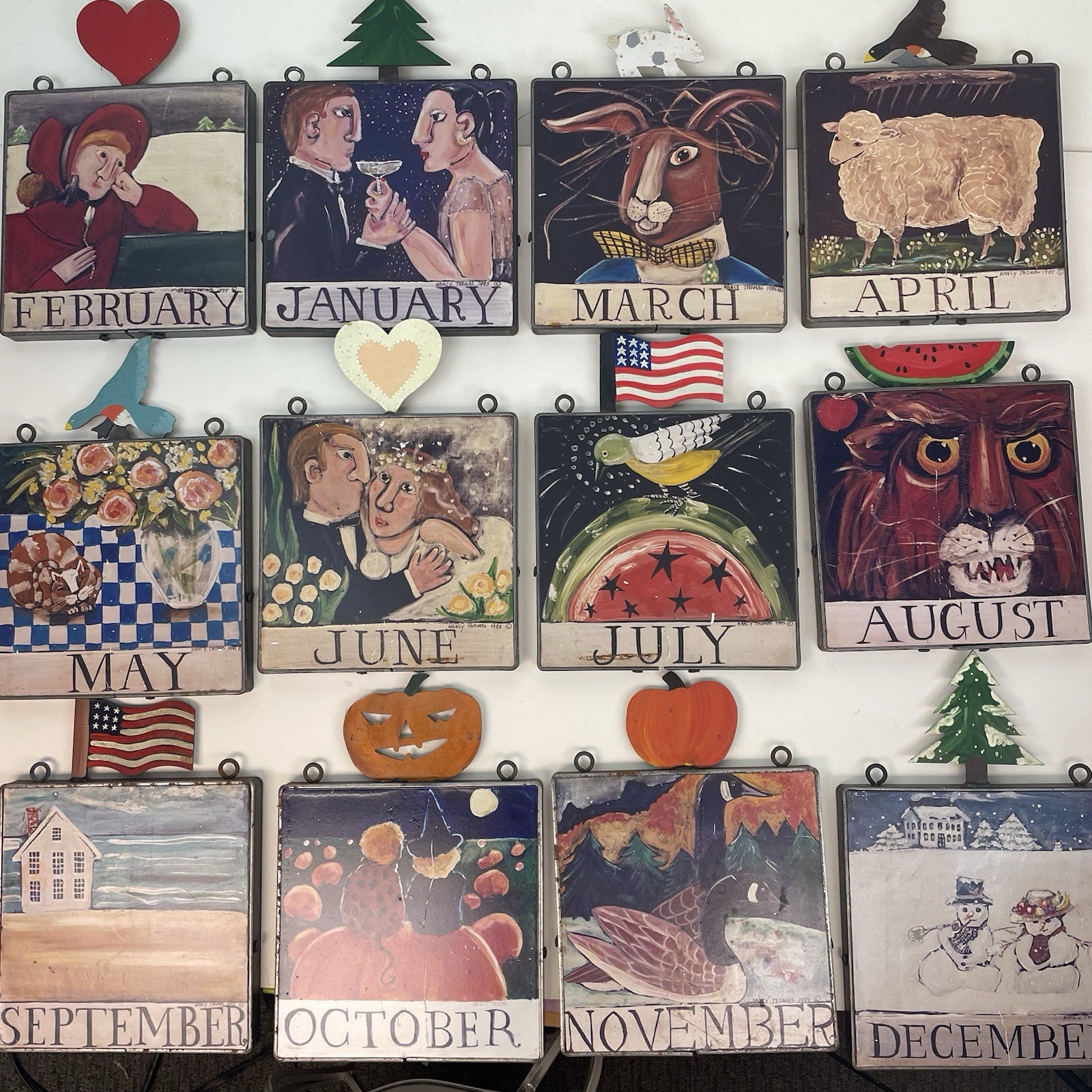 Nancy Thomas 12 Month Calendar Plaques Folk Art Prints On Tiles In Metal Frames