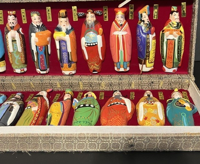 Vtg Chinese Emperor Clay Figurines 20pc Box Set & Matching 3D Opera Shadow Boxes Vtg Chinese Emperor Clay Figurines 20pc Box Set & Matching 3D Opera Shadow Boxes