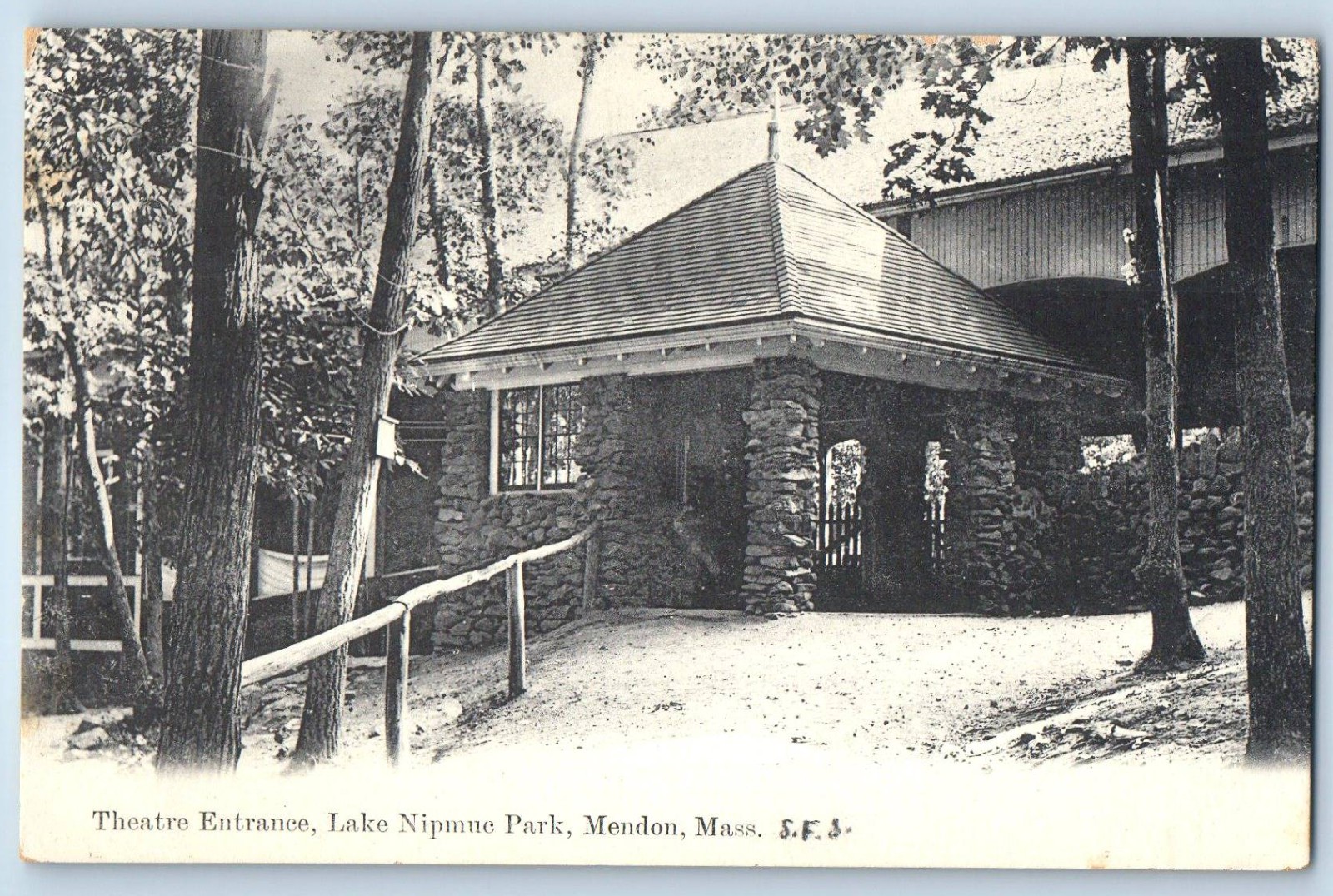 1905 Mendon Massachusetts MA Postcard Theatre Entrance Lake Nipmua Park Building