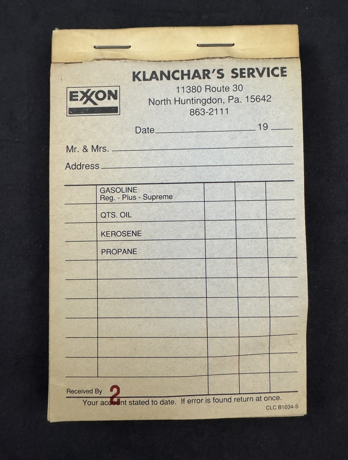 Vintage Exxon Klanchar\'s Service Station Receipt Book Notepad
