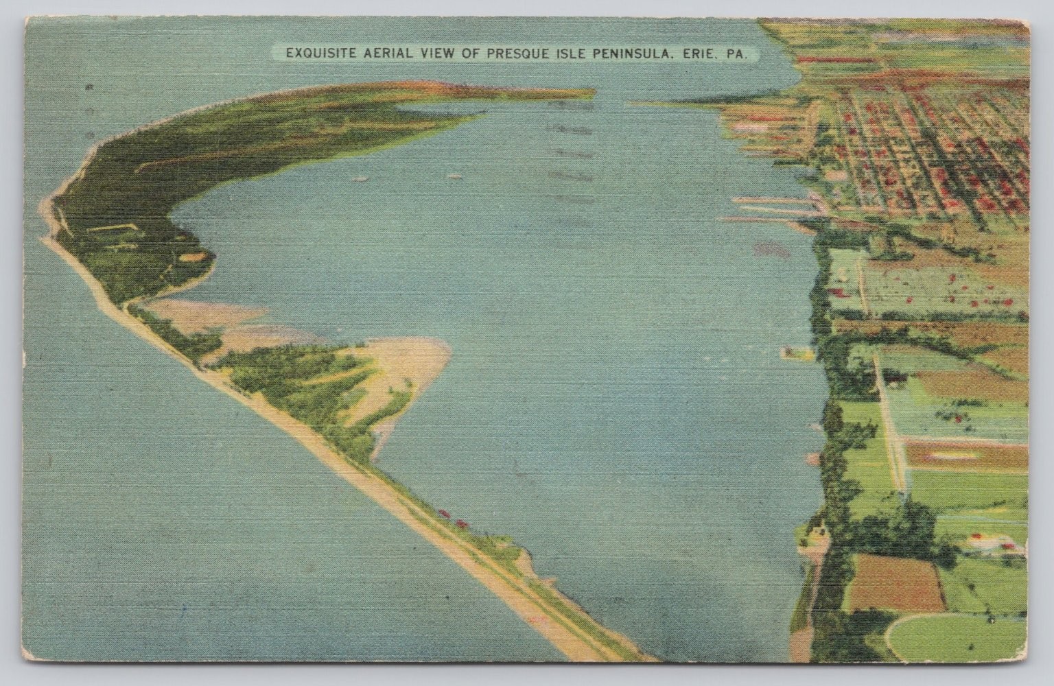 1947 Presque Isle Peninsula Erie PA Aerial View Linen Postcard Vintage 1947 Presque Isle Peninsula Erie PA Aerial View Linen Postcard Vintage