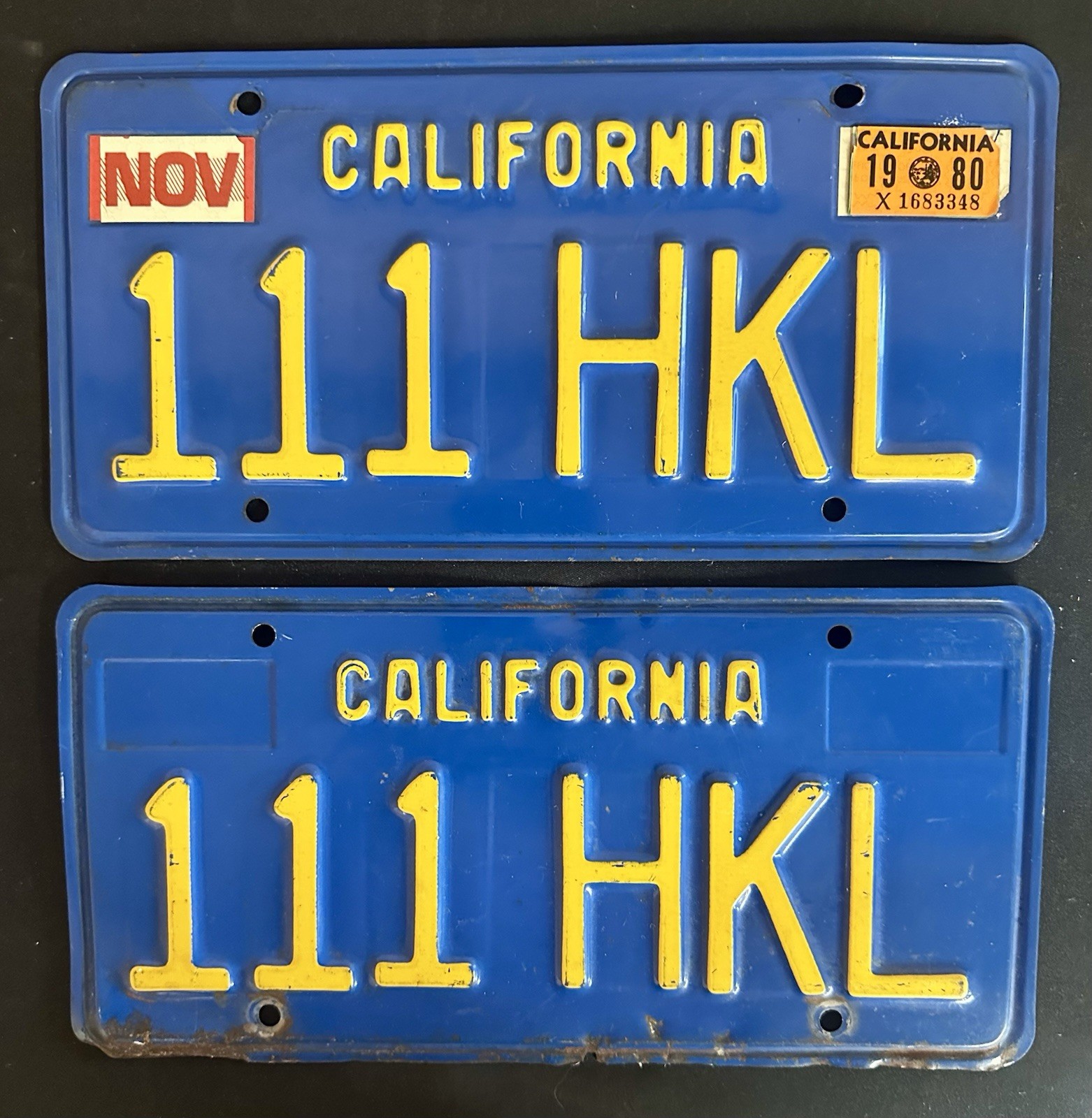 Vintage 1970's era California License Plate PAIR CA BLUE w/1980 Tag- 111 HKL