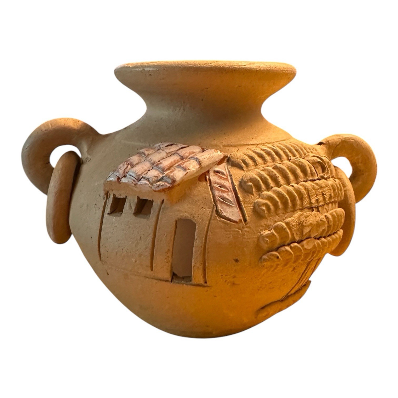Peruvian Folk Art Terra Cotta Clay Vase 3-D Village 4” Tall Handmade Vintage