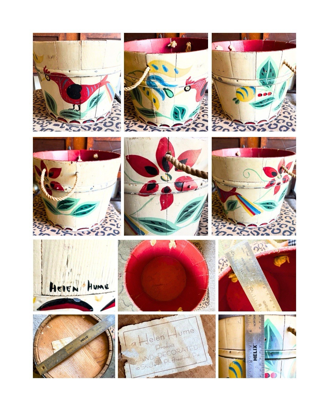 Folk Art Wooden  Stave Bucket Hand Signed Vintage 1940s-50s