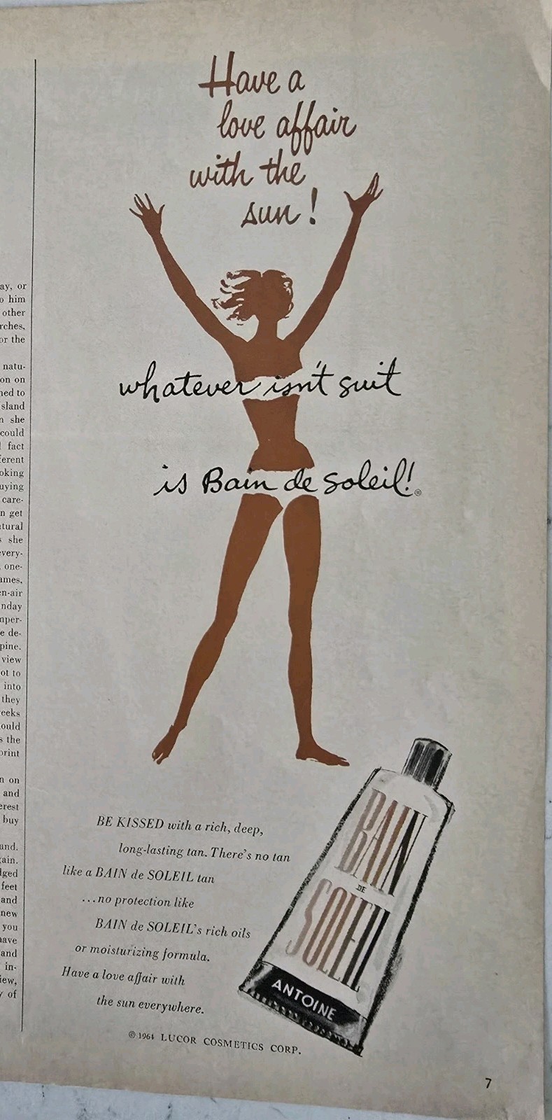 1964 Antoine Bain De Soleil Suntan Lotion Love affair with sun vintage Art Ad 