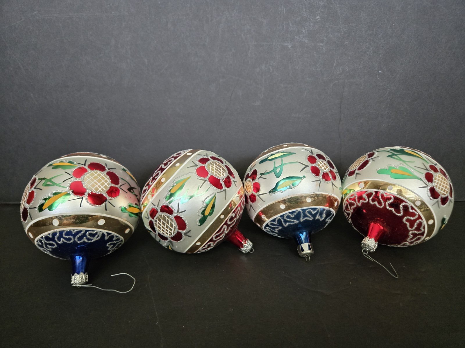 Lot/4 Vtg HandBlown Glass HandPainted Floral Design Large Ornament*POLAND*4”H*
