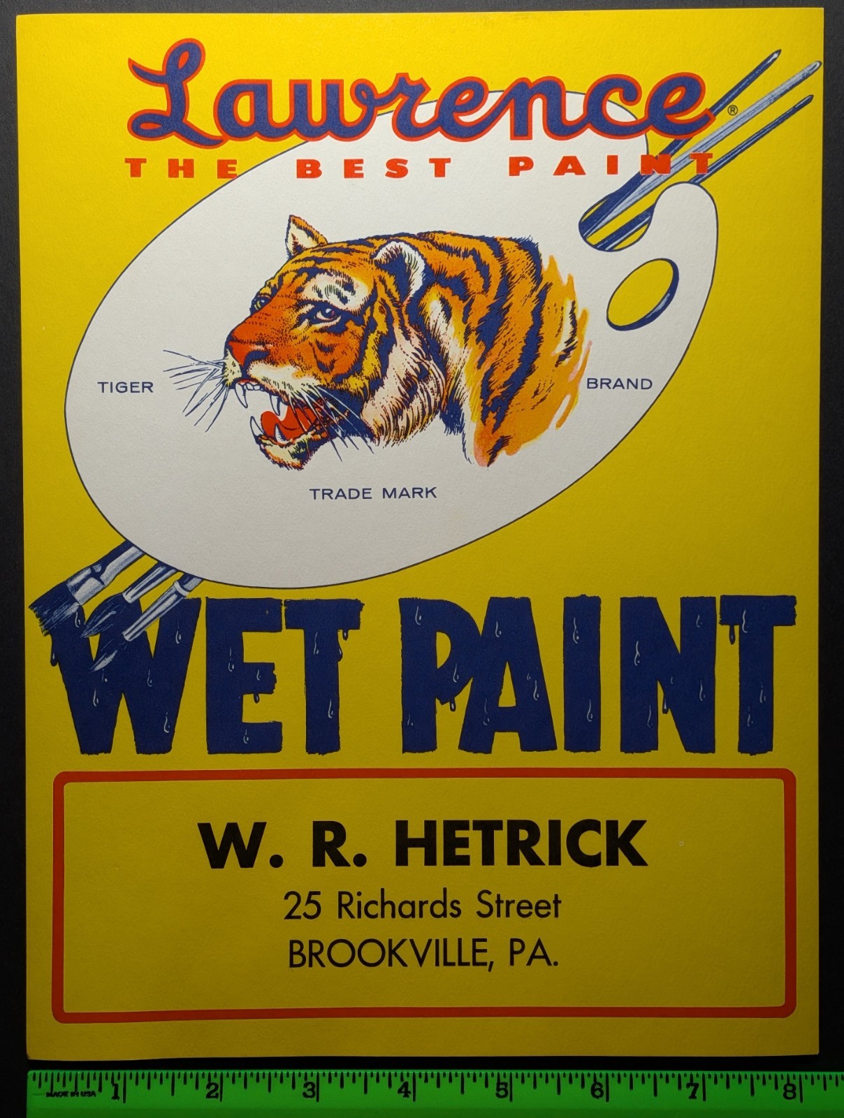 Vintage Lawrence Wet Paint Brookville Pennsylvania Tiger Paperboard Sign