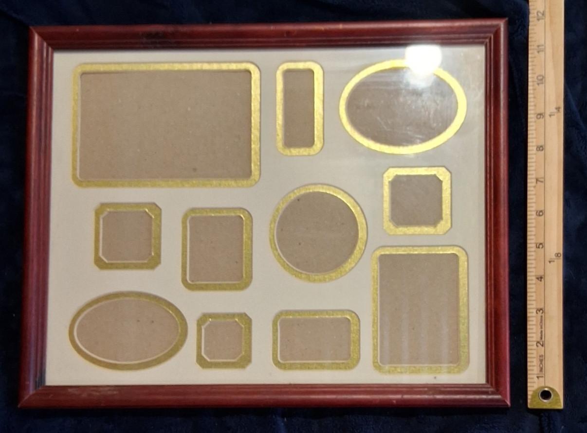 Vintage Cherry Wood Multi Photo Collage Frame Gold Foil Border 11 Cutouts Glass