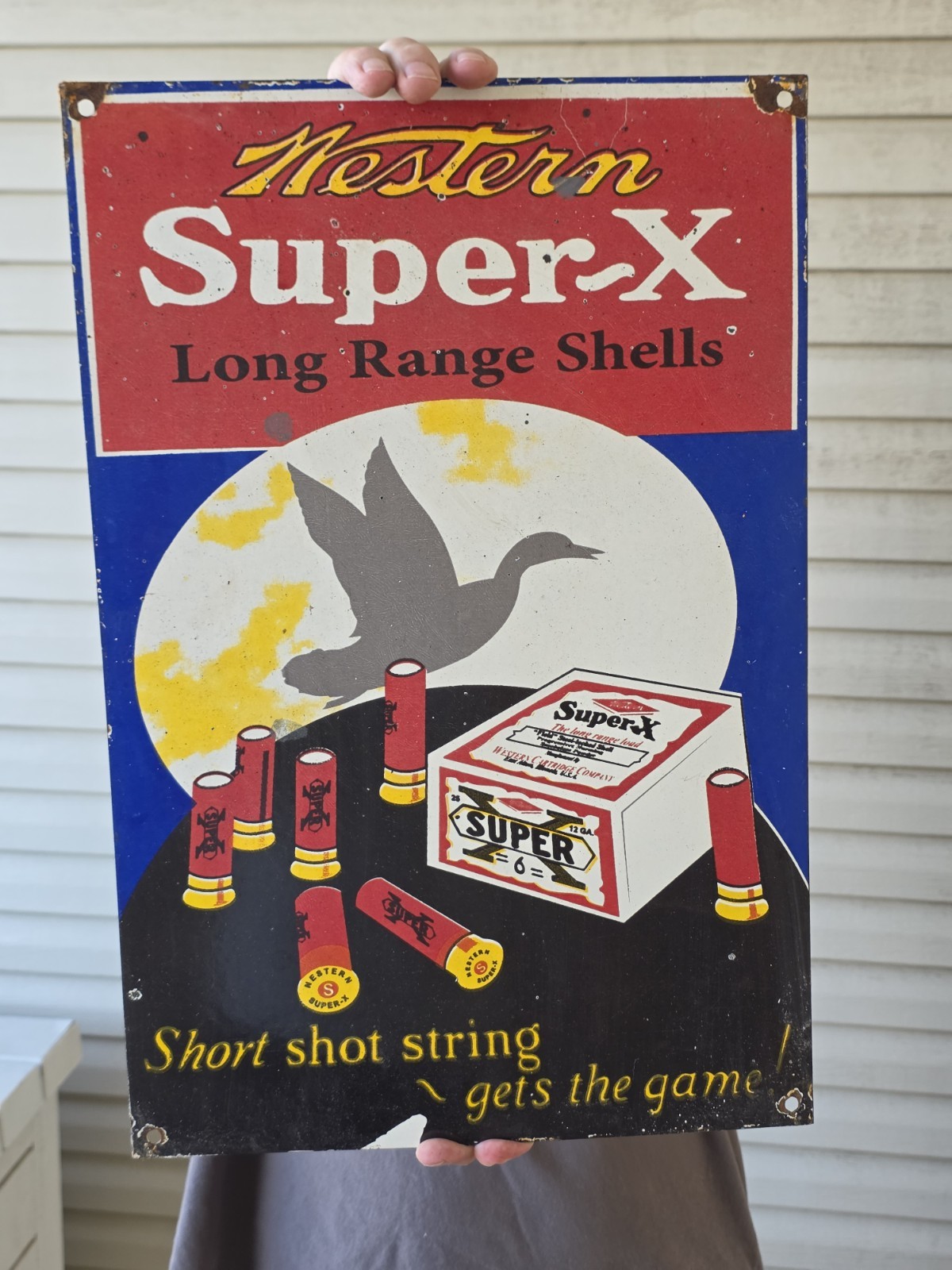 LARGE VINTAGE WESTERN SUPER X AMMUNITION PORCELAIN SIGN GUN AMMO 18