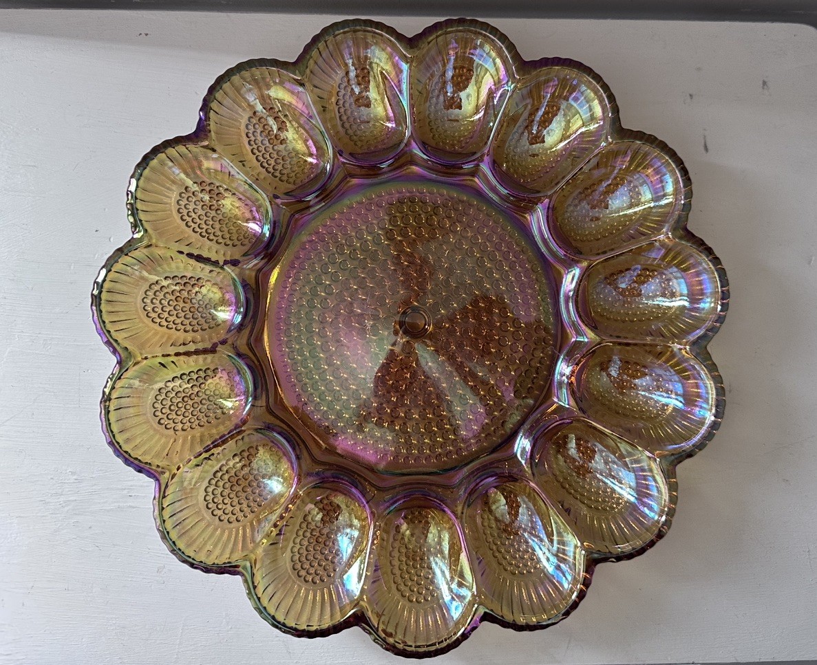 Vintage Indiana Glass Hobnail Amber Carnival  Iridescent Deviled Egg Plate