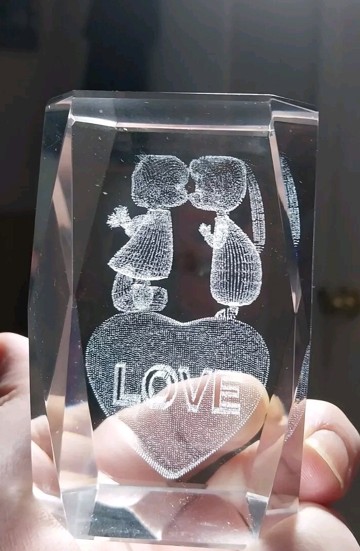 Crystal Paper Weight - Etched Love Design - 2\' X 3\' - vintage Crystal Paper Weight - Etched Love Design - 2\' X 3\' - vintage