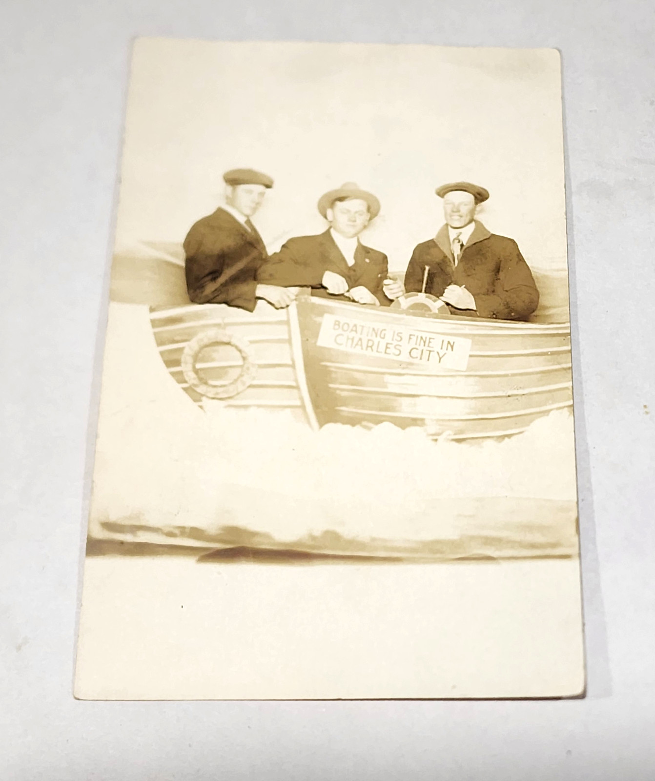 Antique RPPC Photo Charles City Iowa Studio Novelty Prop Boat Men Postcard AZO