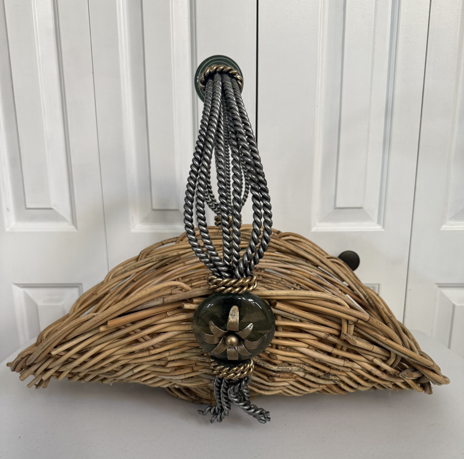 Vintage Maitland Smith Wicker Reed, Wrought Iron, Glass & Brass Basket