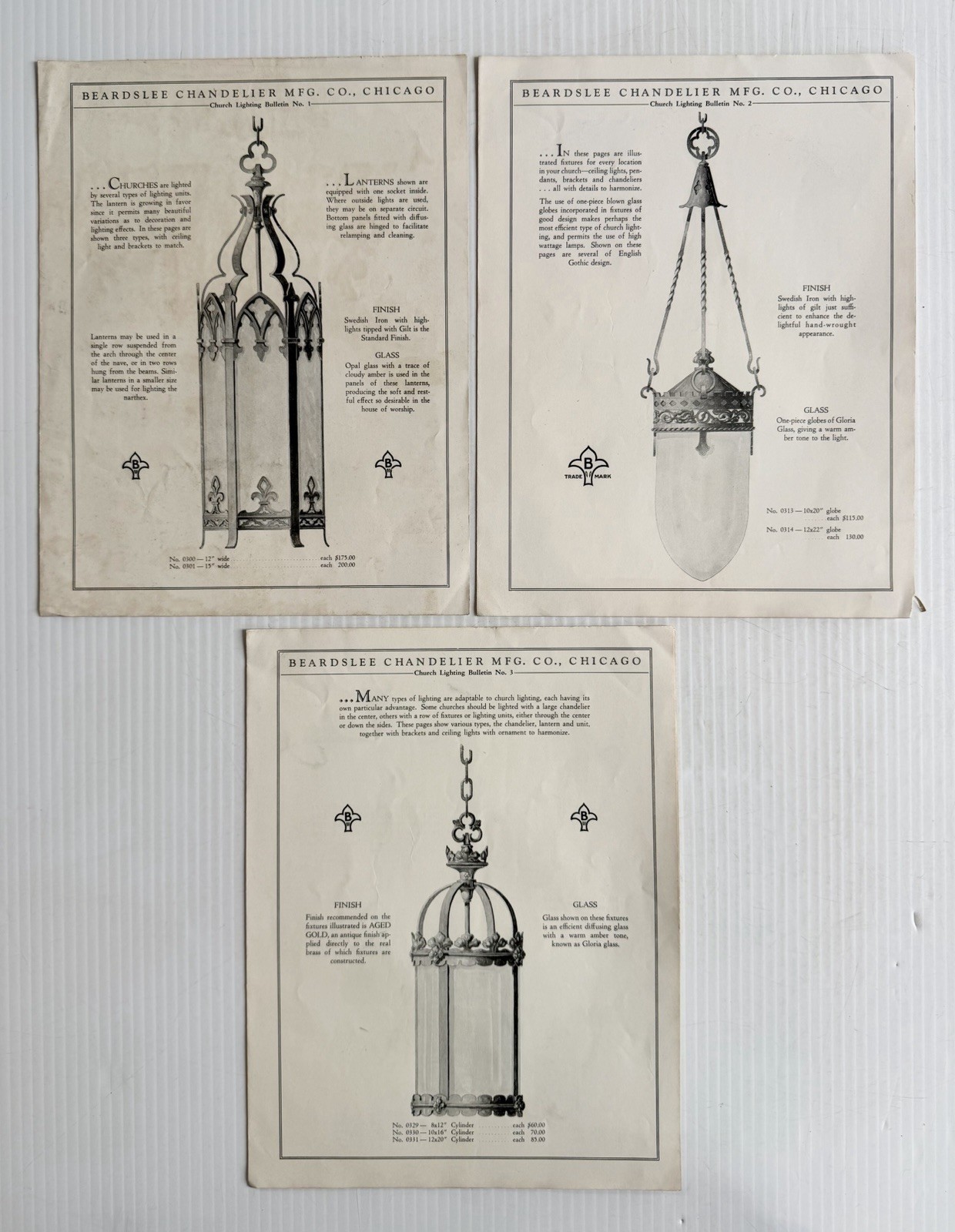 3 Vintage Beardslee Chandelier 1930 Art Deco Church Lighting Bulletin Brochures