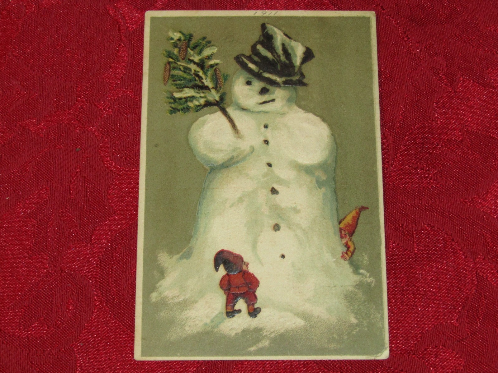 Antique Christmas PC *Large Snowman with Gnomes* Germany 1911 Postcard Antique Christmas PC *Large Snowman with Gnomes* Germany 1911 Postcard