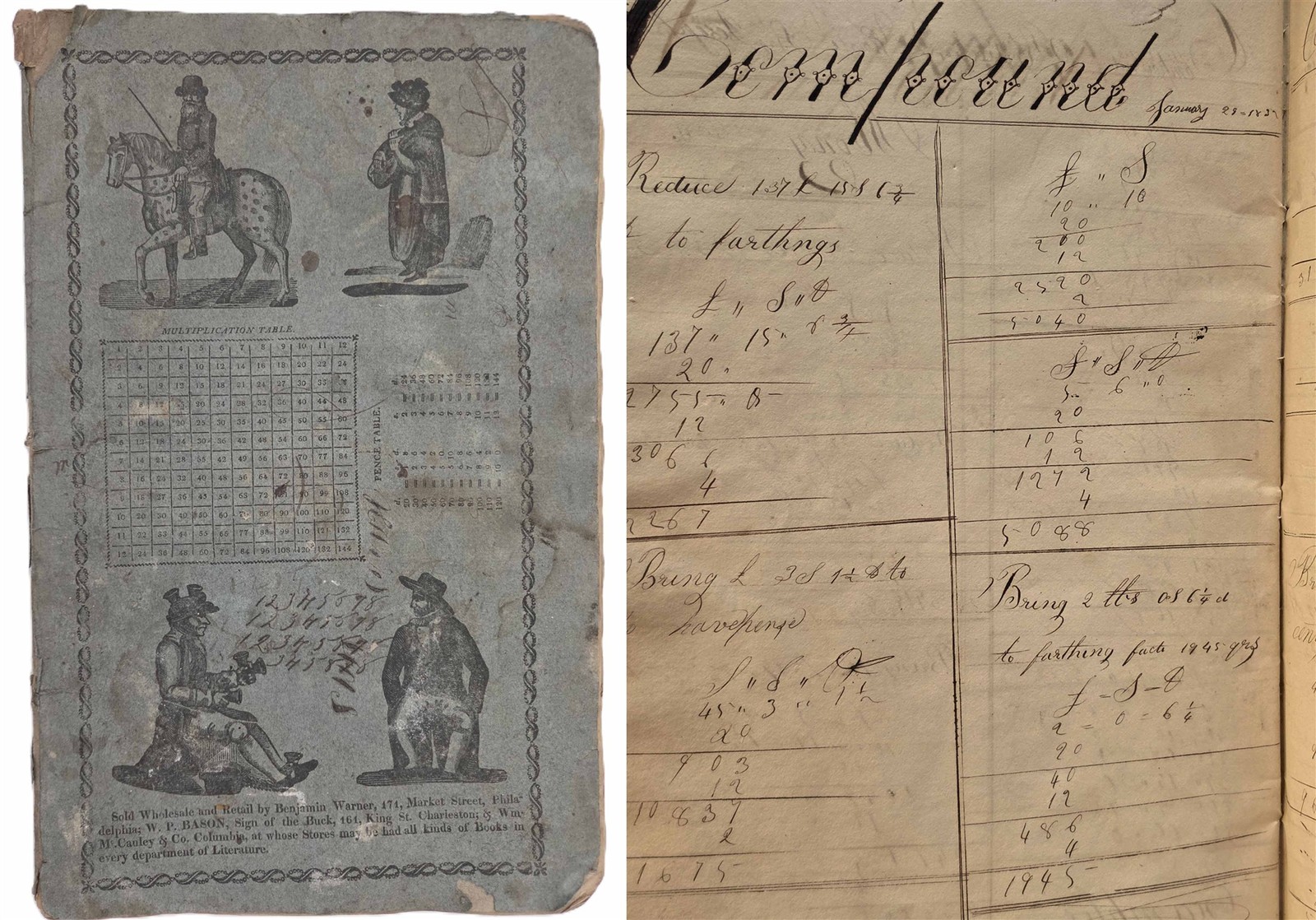 1831 antique CYPHER MATH BOOK pennsylvania BENJ EBERLY JOS BIDELMAN fraktur