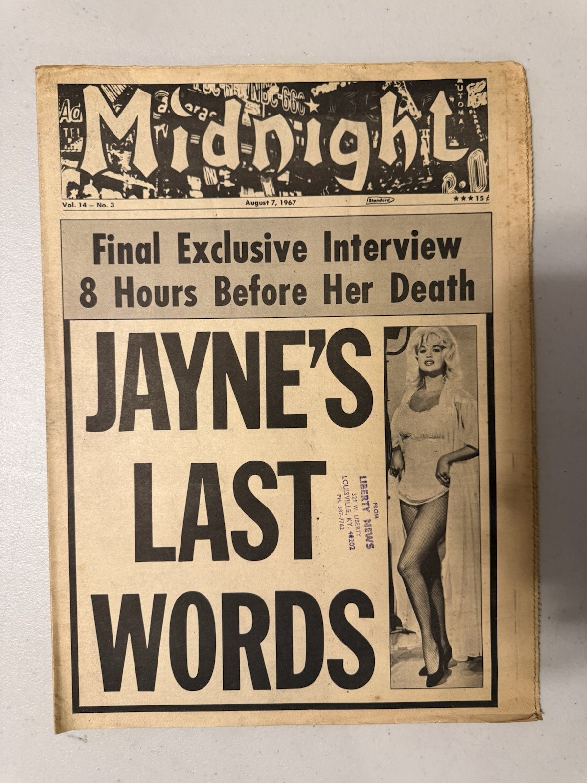 1967 August 7th MIDNIGHT Newspaper, Jayne Mansfield’s Last Words (VRN4)
