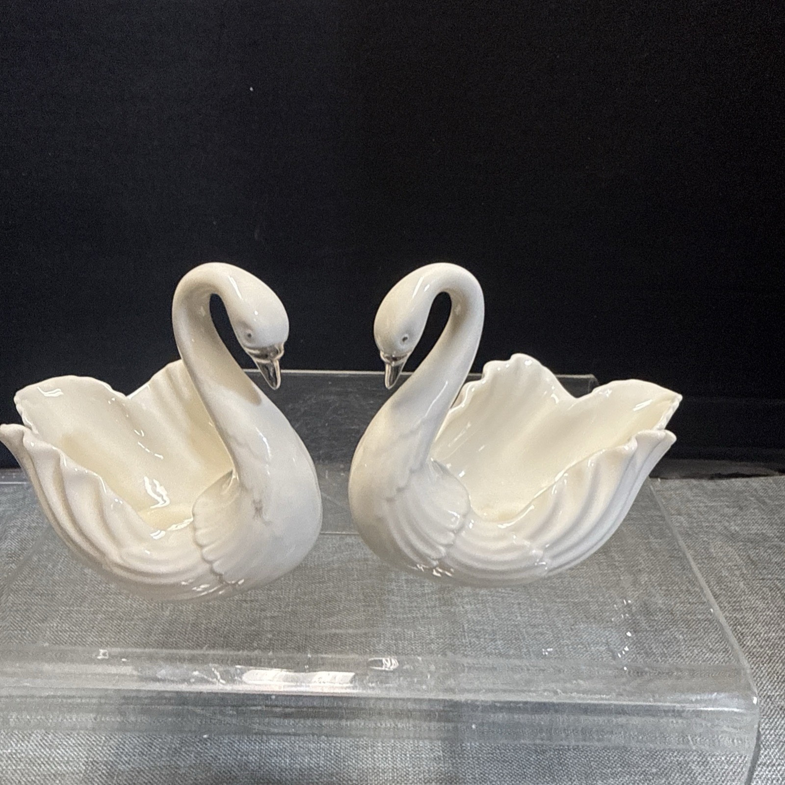 (2) Lenox Swans Porcelain silver Beak and eyes Cake Topper trinket dish