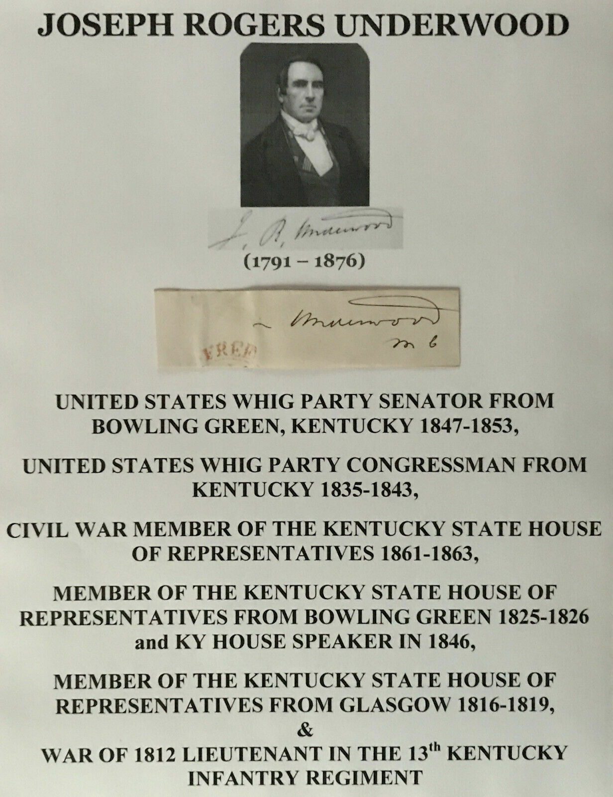 Orig WAR 1812 LT KY INFANTRY WHIG US SENATOR CONGRESSMAN FREE FRANK SIGNED CUT