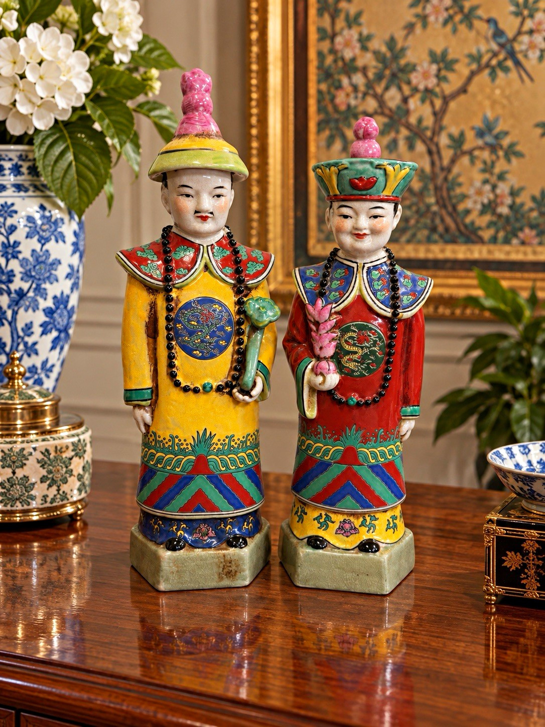 Pair Chinese Porcelain Court Figure Statues Chinoiserie Crackle Glaze Pair Chinese Porcelain Court Figure Statues Chinoiserie Crackle Glaze