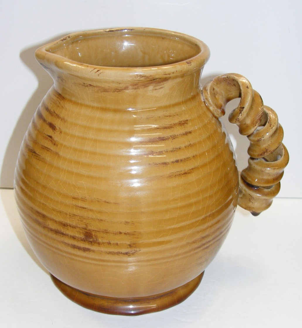 Vintage Studio Pottery Large Gallon Half Brown Pitcher Twisted Handle N-1