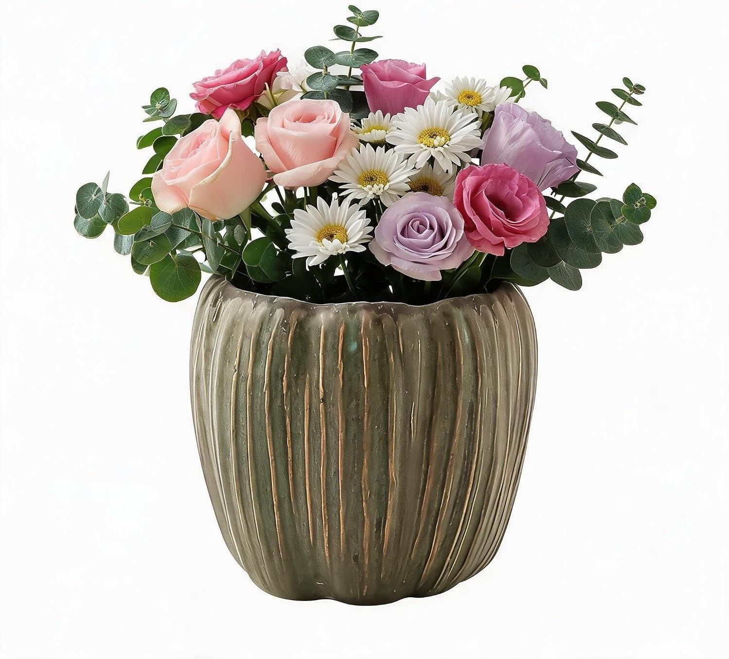 6 Inch Ceramic Planter Pot - Vintage Green Glazed Flower Pot with Accent 