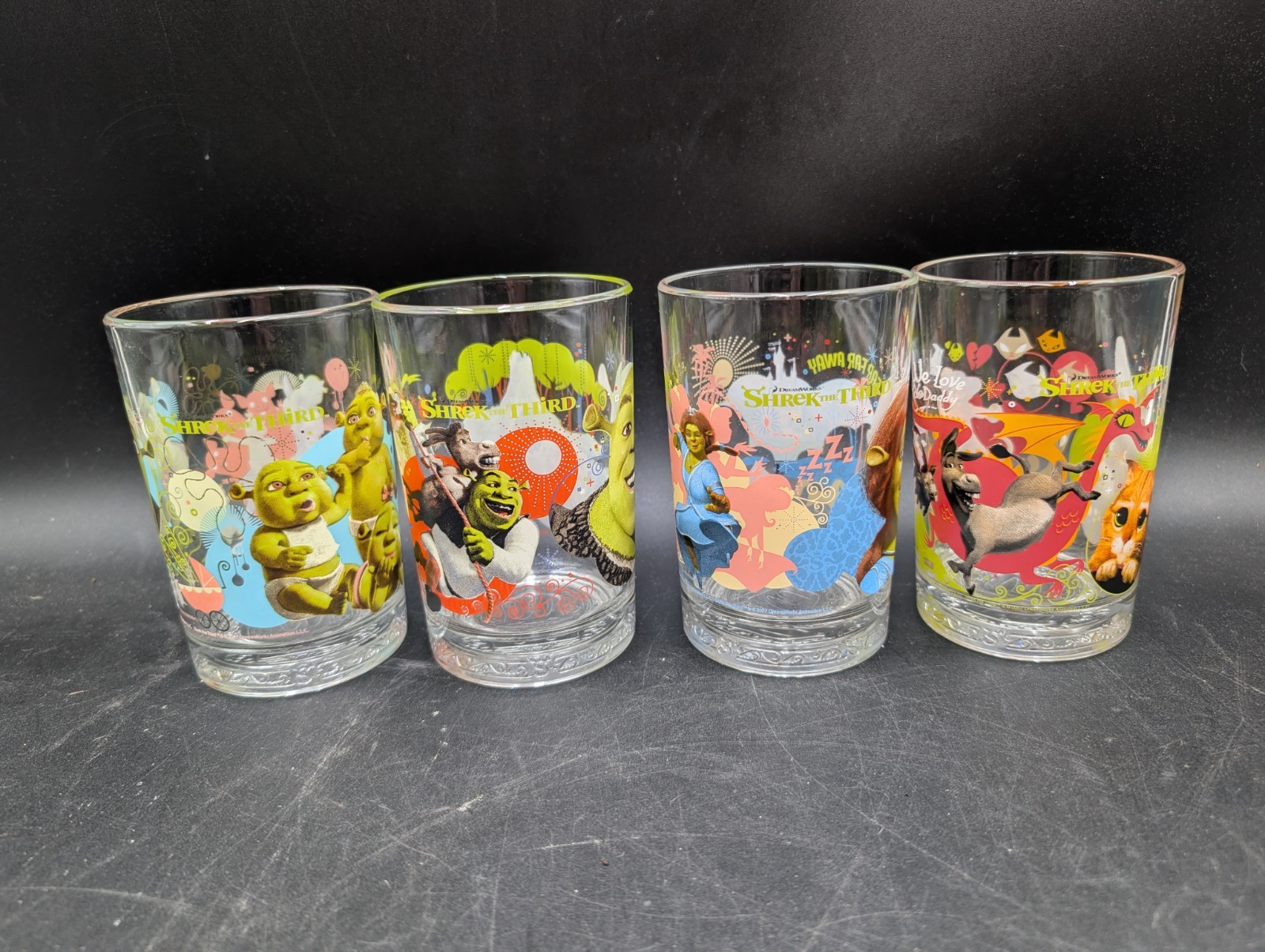 Vintage 2007 McDonalds Shrek The Third Drinking Glasses Complete Set of 4 Cups