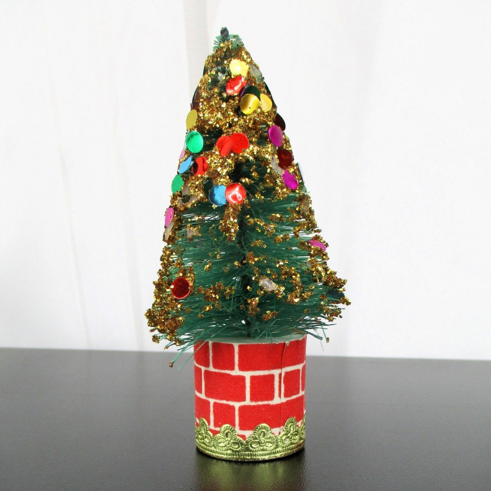 Vintage 50s Bottle Brush Christmas Tree 4” Japan Sequin Ornaments Putz Brick