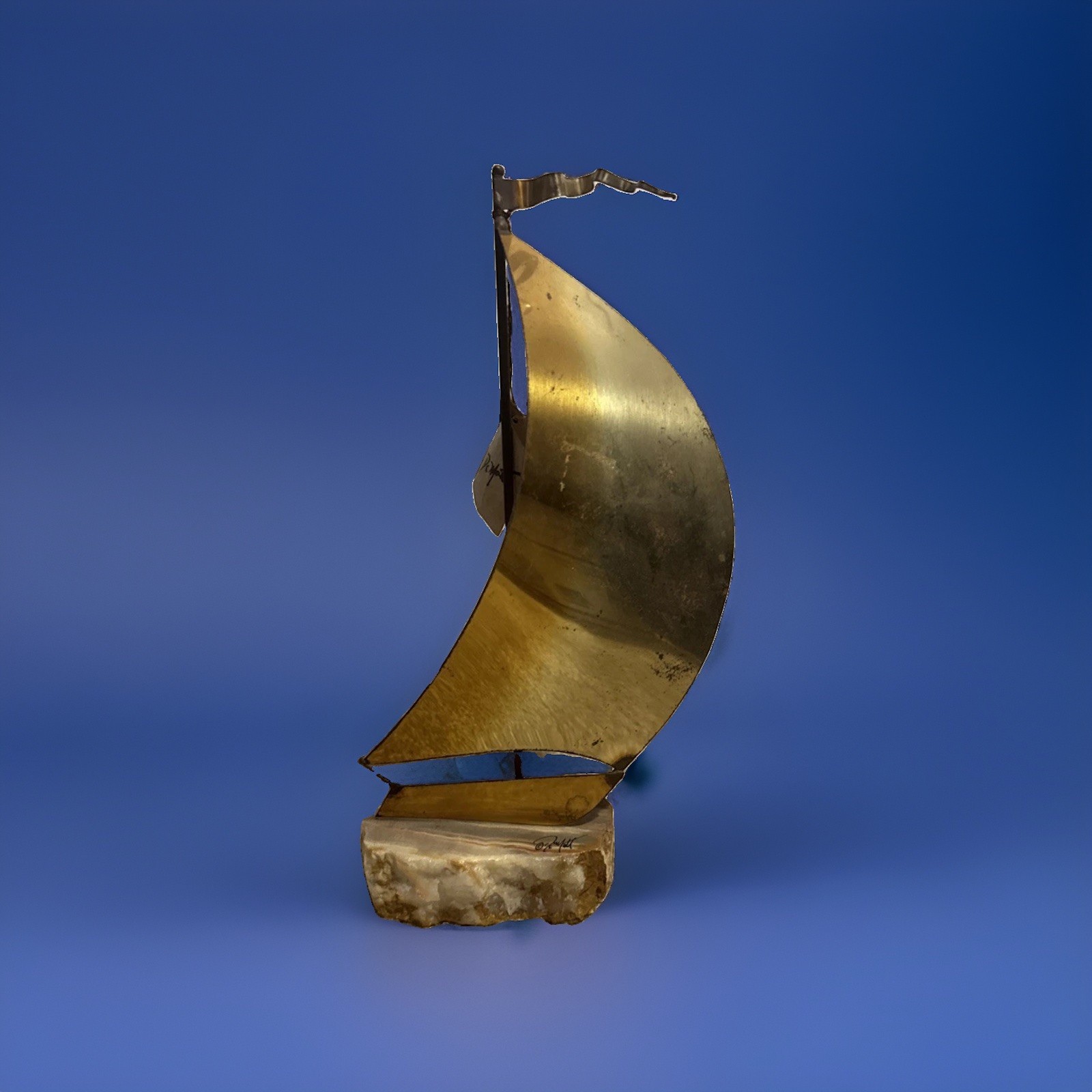 VTG John Demott Signed Mid Century Brass Sailboat Sculpture Onyx Quartz Base 8