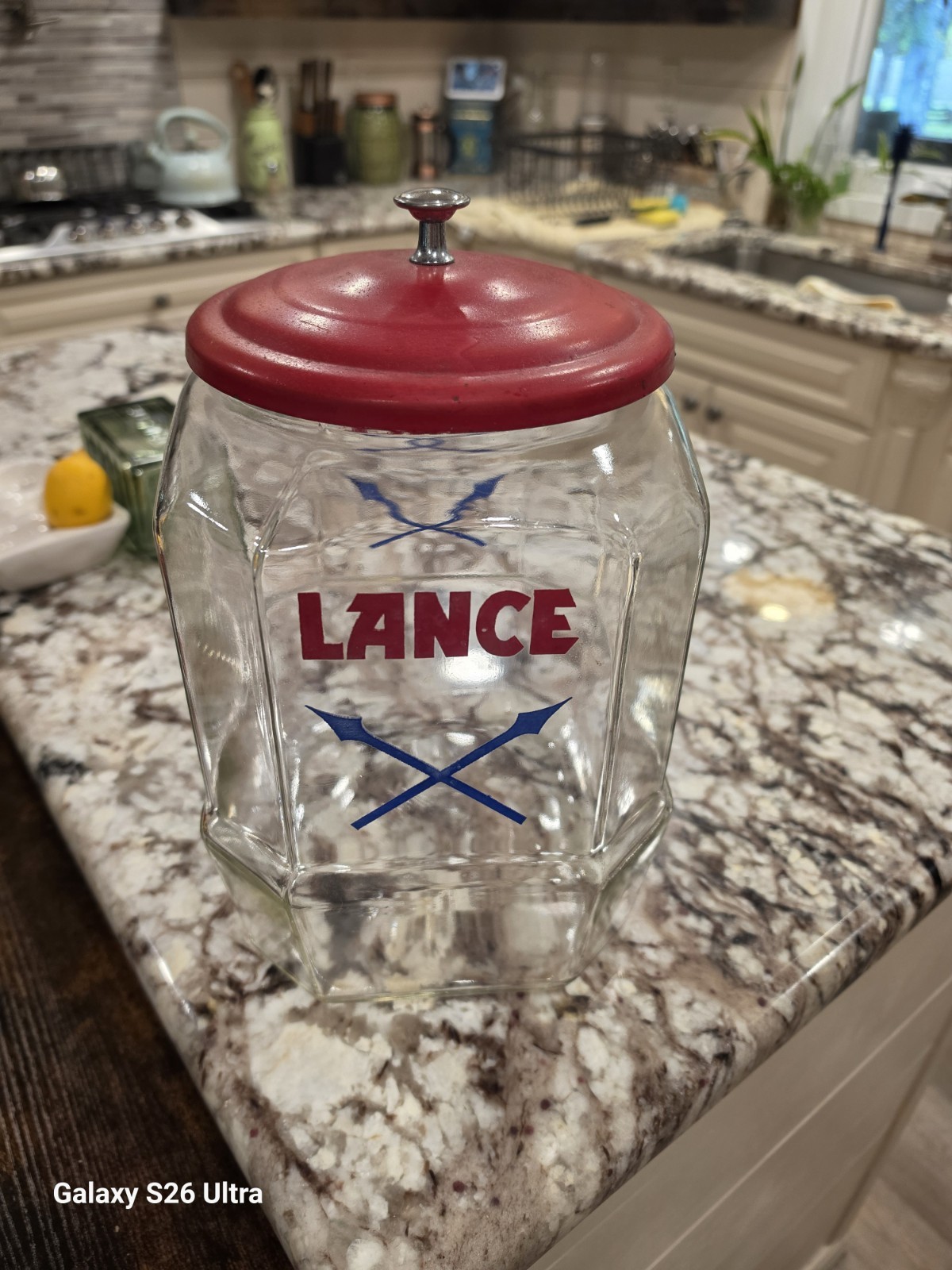 Vintage 8-Sided Lance Glass Display Counter Cookie Cracker Jar w/ Red Metal Lid