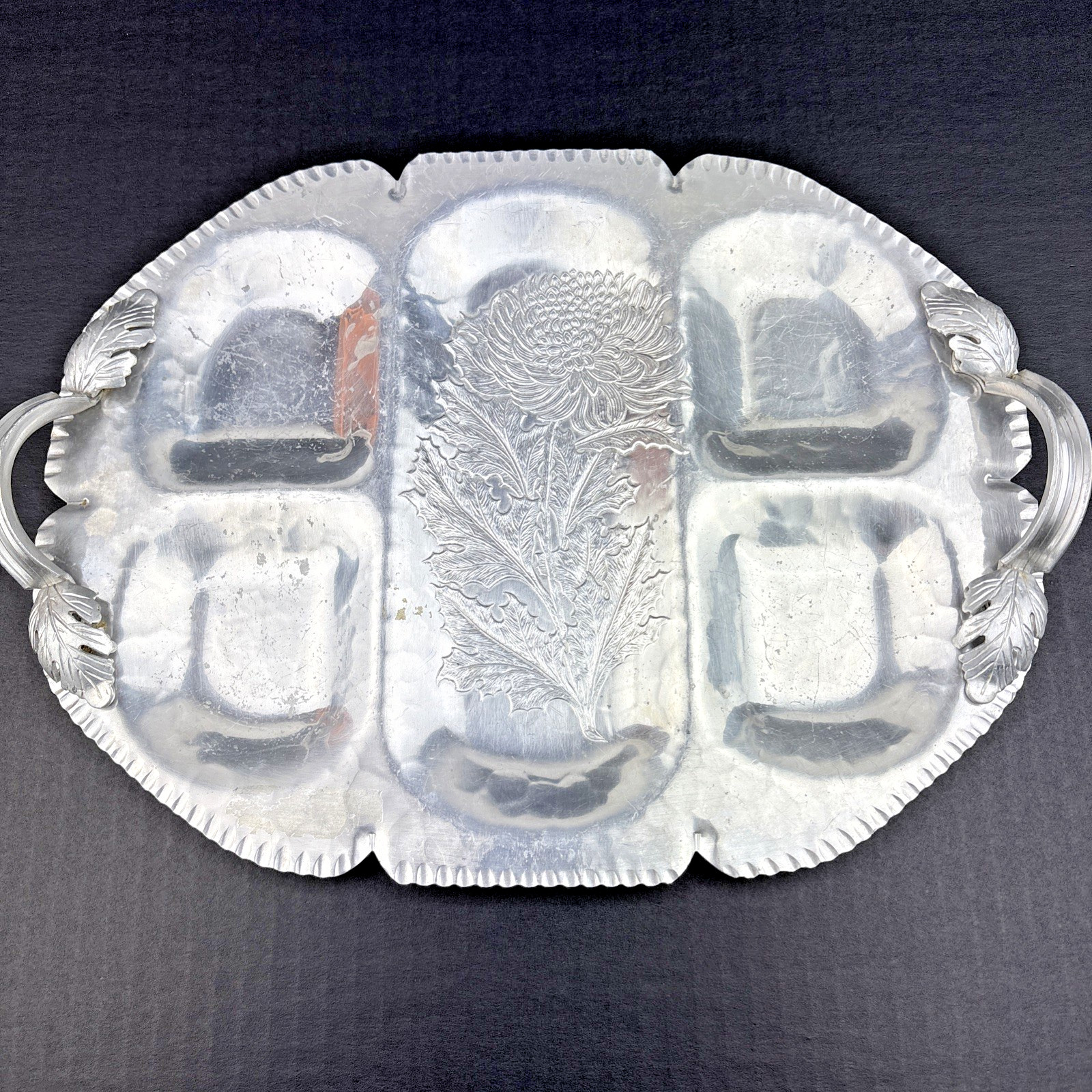 Vintage Trade Continental Mark 537 Hammered Aluminum Floral Divided Tray ~ MINT