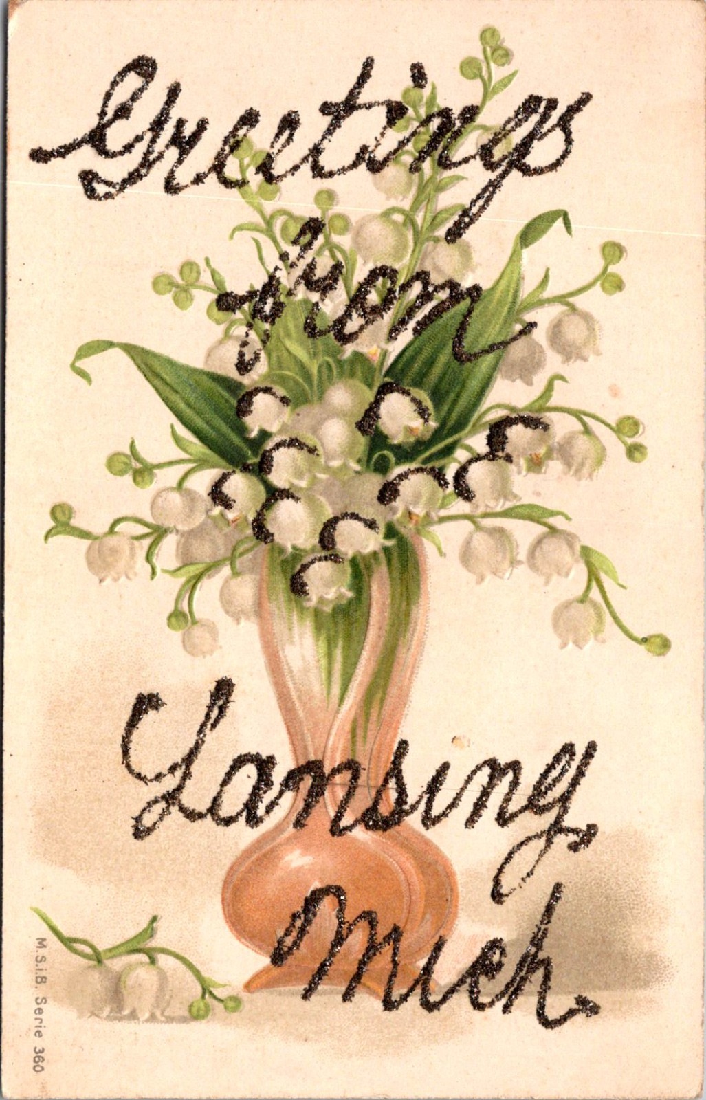 Vase of Lily of the Valley, Greetings Froom Lansing MI UDB Postcard Y39 Vase of Lily of the Valley, Greetings Froom Lansing MI UDB Postcard Y39