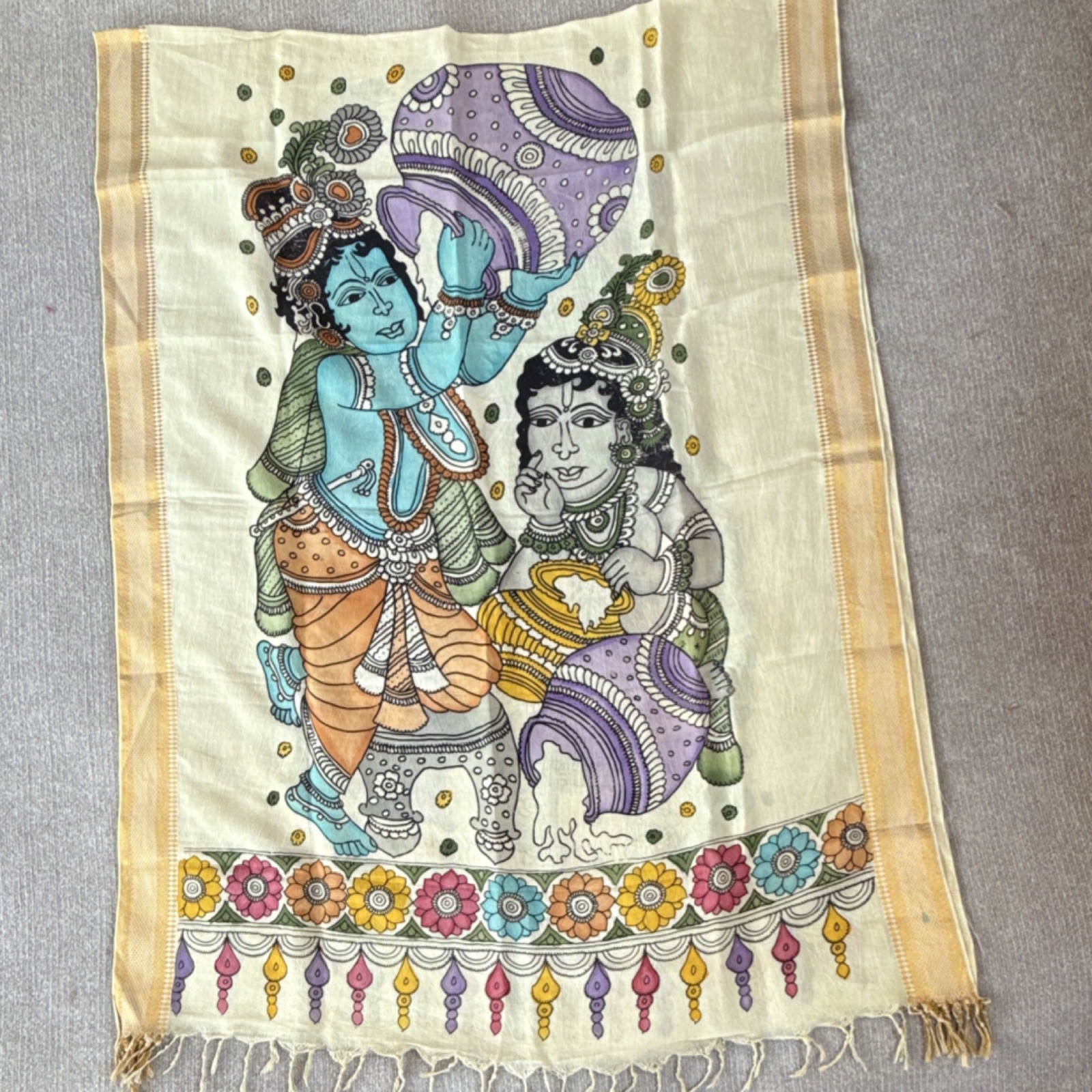 Kalamkari Dupatta - Hindu god Krishna and Balarama, hand painting on Silk, India