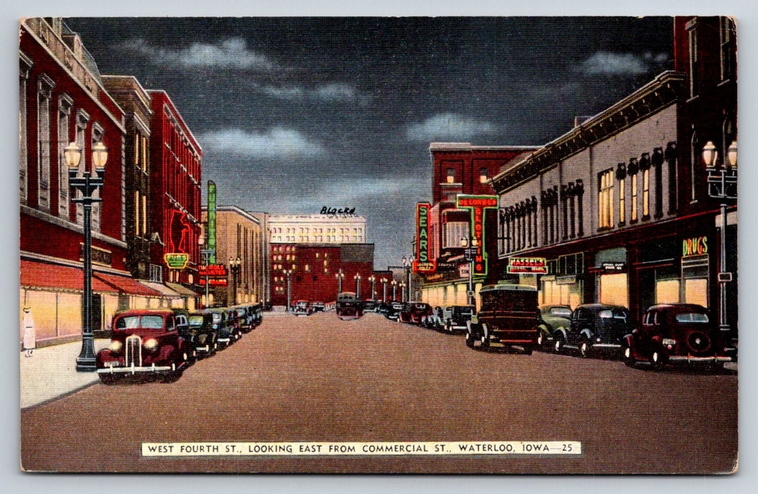 Vintage 1941 Waterloo Iowa West Fourth Street Linen Postcard Sears Black\'s Cars